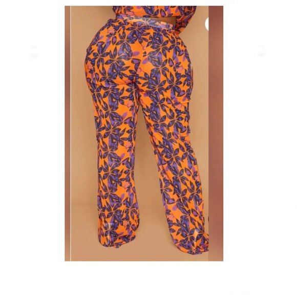 PrettyLittleThing NWT Plus Orange Print Beach Flares Size 24 Semi Sheer - Picture 3 of 4